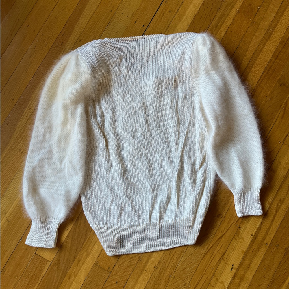 Fluffy Lido New York vintage angora fuzzy white cream sweater rhinestones vneck - Picture 2 of 4